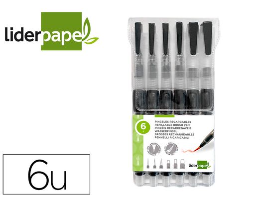 Pinceles liderpapel recargables para productos acuarelables set de 6 unidadesgrosor puntas surtidas