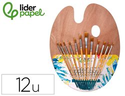 Pinceles sinteticos liderpapel pack de 12 unidades con puntas y tamańos surtidos + paleta de madera