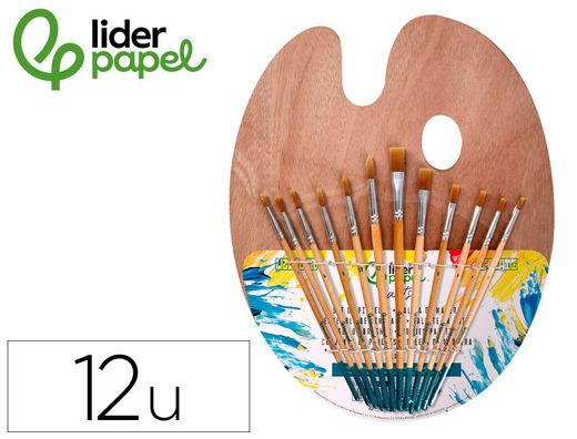 Pinceles sinteticos liderpapel pack de 12 unidades con puntas y tamańos surtidos + paleta de madera