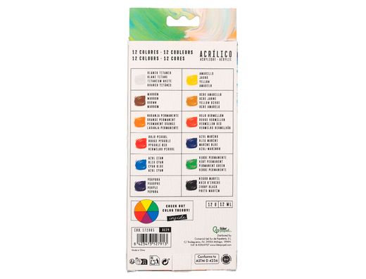 Pintura acrilica liderpapel caja de 12 tubos de aluminio de 12 ml colores surtidos