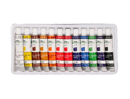 Pintura acrilica liderpapel caja de 12 tubos de aluminio de 12 ml colores surtidos