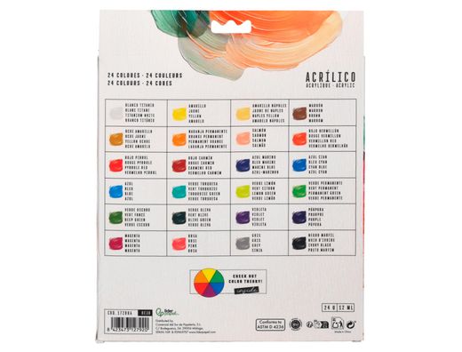Pintura acrilica liderpapel caja de 24 tubos de aluminio de 12 ml colores surtidos