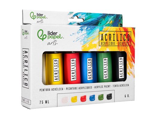 Pintura acrilica liderpapel caja de 6 tubos de plastico de 75 ml colores basicos