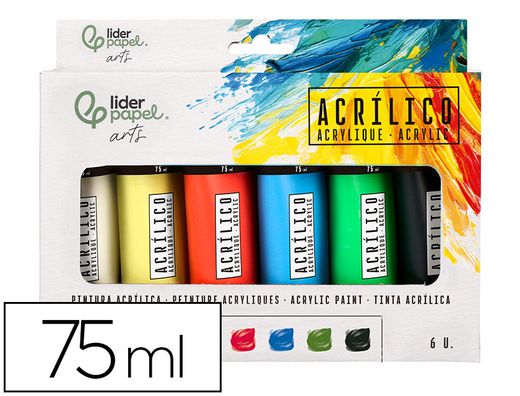 Pintura acrilica liderpapel caja de 6 tubos de plastico de 75 ml colores basicos