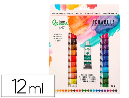 Pintura de acuarela liderpapel caja de 24 tubos de aluminio de 12 ml colores surtidos