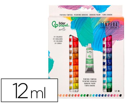 Pintura gouache/tempera liderpapel caja de 24 tubos de aluminio de 12 ml colores surtidos