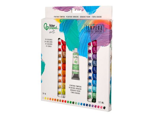 Pintura gouache/tempera liderpapel caja de 24 tubos de aluminio de 12 ml colores surtidos