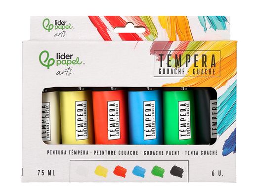 Pintura gouache/tempera liderpapel caja de 6 tubos de plastico de 75 ml colores surtidos