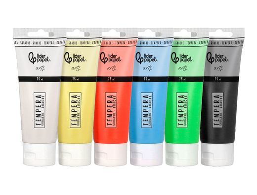 Pintura gouache/tempera liderpapel caja de 6 tubos de plastico de 75 ml colores surtidos