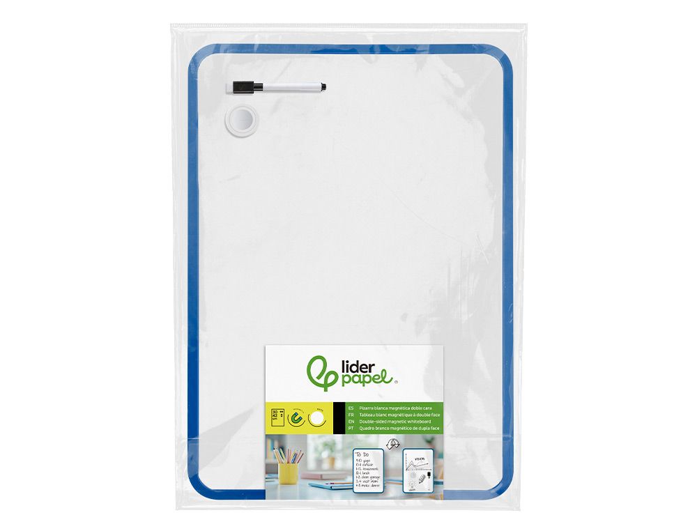Pizarra blanca liderpapel 30x42 cm magnetica doble cara lisa con rotulador iman y borrador