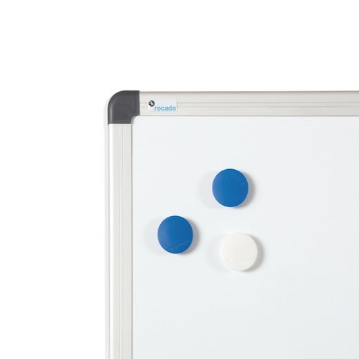 Pizarra blanca rocada acero vitrificado magnetico marco aluminio y cantoneras pvc 60x45 cm incluye bandeja para