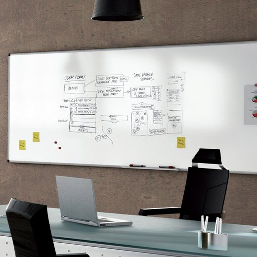 Pizarra blanca rocada acero vitrificado magnetico marco aluminio y cantoneras pvc 60x45 cm incluye bandeja para