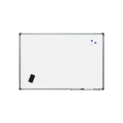 Pizarra blanca rocada acero vitrificado magnetico marco aluminio y cantoneras pvc 60x45 cm incluye bandeja para