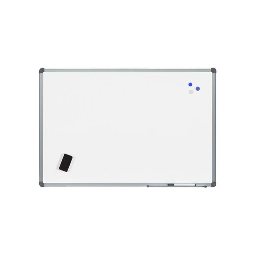 Pizarra blanca rocada acero vitrificado magnetico marco aluminio y cantoneras pvc 60x45 cm incluye bandeja para
