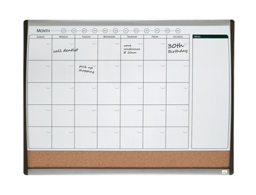 Planificador mensual nobo magnetico + tablero corcho horizontal con marco arqueado plata y negro 585x430 mm