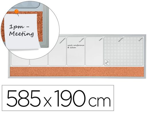 Planificador semanal nobo magnetico + tablero corcho horizontal con marco de aluminio 585x190 mm