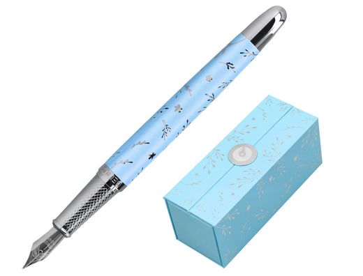 Pluma belius bella aluminio color azul celeste diseńo plateado relieve tinta azul caja de diseńo