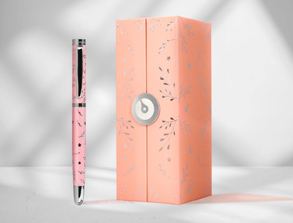 Pluma belius bella aluminio color rosa diseńo plateado relieve tinta azul caja de diseńo