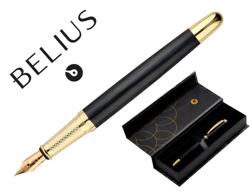 Pluma belius passion dor aluminio textura cepillada color negro y dorado tinta azul caja de diseño