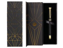 Pluma belius soiree aluminio color art deco negro y dorado tinta azul caja de diseño