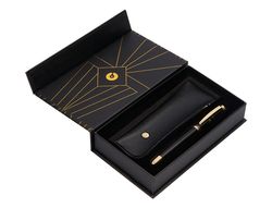 Pluma y estuche belius soiree color art deco negro y dorado tinta azul caja de diseño