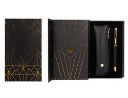 Pluma y estuche belius soiree color art deco negro y dorado tinta azul caja de diseño
