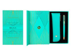 Pluma y estuche belius soiree color art deco turquesa dorado tinta azul caja de diseño