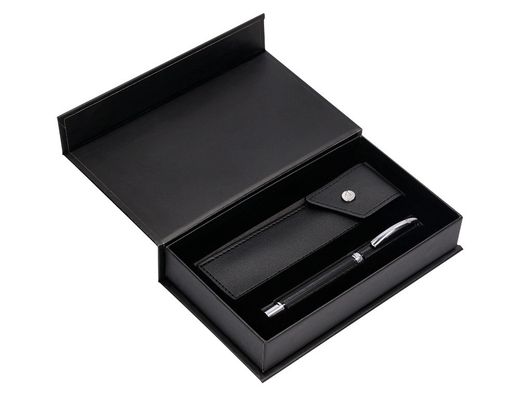 Pluma y estuche belius turbo aluminio textura punteada color negro y plateado tinta azul caja de diseño