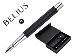 Pluma y estuche belius turbo aluminio textura punteada color negro y plateado tinta azul caja de diseño