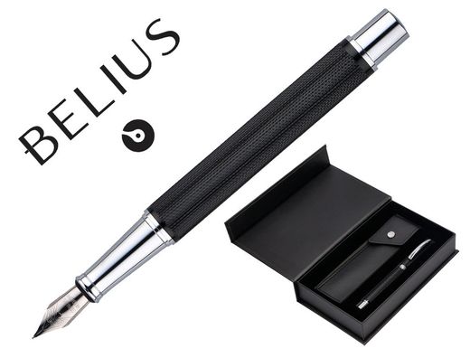 Pluma y estuche belius turbo aluminio textura punteada color negro y plateado tinta azul caja de diseño
