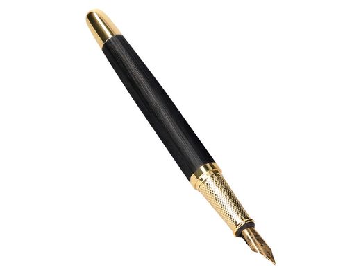 Pluma y estuche cuero belius passion dor aluminio textura cepillada color negro y dorado tinta azul caja diseño