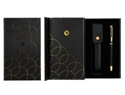 Pluma y estuche cuero belius passion dor aluminio textura cepillada color negro y dorado tinta azul caja diseño