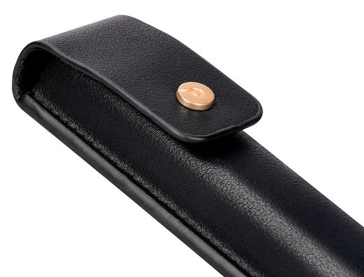Pluma y estuche cuero belius passion dor aluminio textura cepillada color negro y dorado tinta azul caja diseño