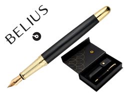 Pluma y estuche cuero belius passion dor aluminio textura cepillada color negro y dorado tinta azul caja diseño