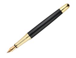 Pluma y estuche cuero belius passion dor aluminio textura cepillada color negro y dorado tinta azul caja diseño
