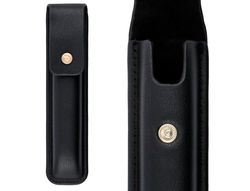 Pluma y estuche cuero belius passion dor aluminio textura cepillada color negro y dorado tinta azul caja diseño