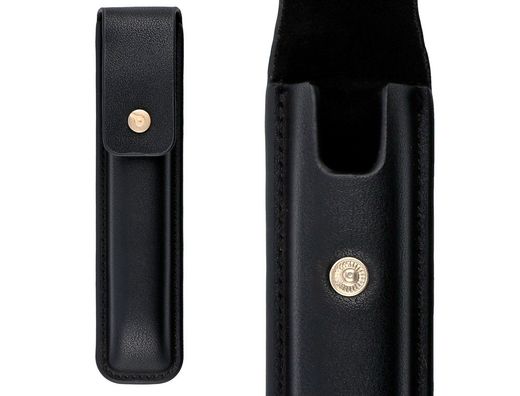 Pluma y estuche cuero belius passion dor aluminio textura cepillada color negro y dorado tinta azul caja diseño