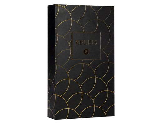 Pluma y estuche cuero belius passion dor aluminio textura cepillada color negro y dorado tinta azul caja diseño