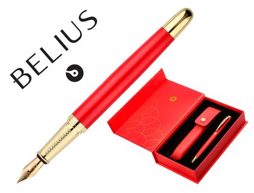 Pluma y estuche cuero belius passion dor aluminio textura cepillada color rojo y dorado tinta azul caja de diseño