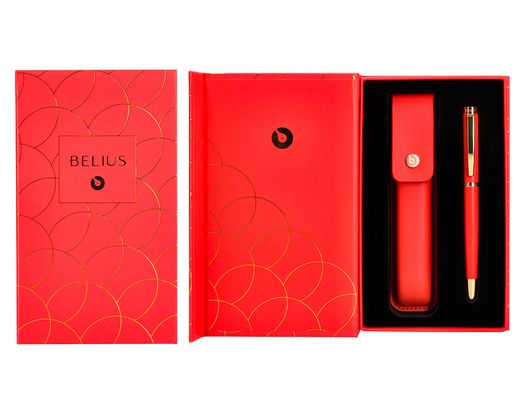 Pluma y estuche cuero belius passion dor aluminio textura cepillada color rojo y dorado tinta azul caja de diseño