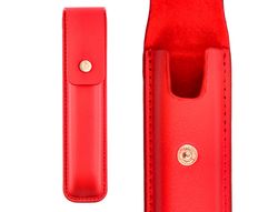 Pluma y estuche cuero belius passion dor aluminio textura cepillada color rojo y dorado tinta azul caja de diseño