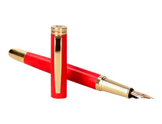 Pluma y estuche cuero belius passion dor aluminio textura cepillada color rojo y dorado tinta azul caja de diseño