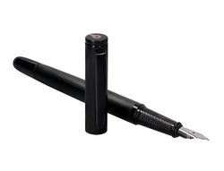 Pluma y frasco de tinta belius origen 1995 aluminio textura cepillada color negro tinta negra caja diseño