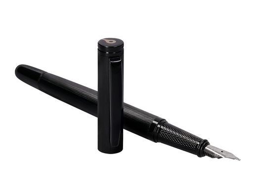 Pluma y frasco de tinta belius origen 1995 aluminio textura cepillada color negro tinta negra caja diseño