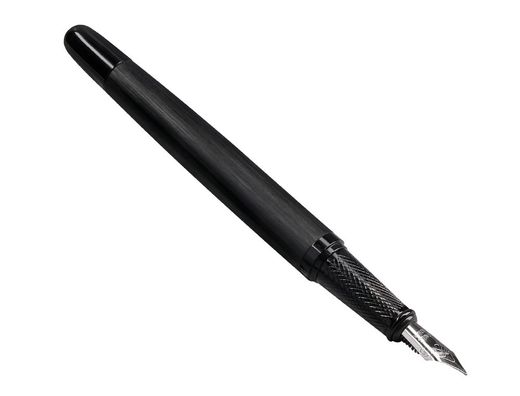 Pluma y frasco de tinta belius origen 1995 aluminio textura cepillada color negro tinta negra caja diseño