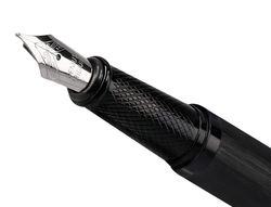 Pluma y frasco de tinta belius origen 1995 aluminio textura cepillada color negro tinta negra caja diseño