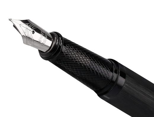 Pluma y frasco de tinta belius origen 1995 aluminio textura cepillada color negro tinta negra caja diseño