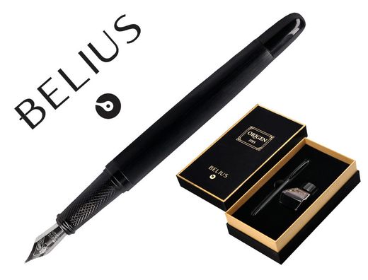 Pluma y frasco de tinta belius origen 1995 aluminio textura cepillada color negro tinta negra caja diseño