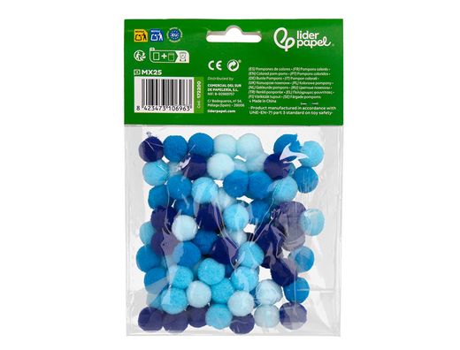 Pompones de colores liderpapel 1,5 cm tonalidades azules bolsa con 80 unidades