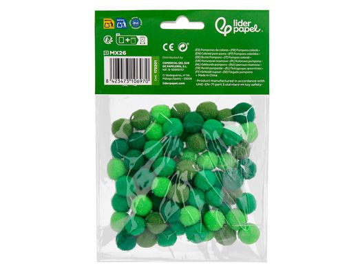 Pompones de colores liderpapel 1,5 cm tonalidades verdes bolsa con 80 unidades